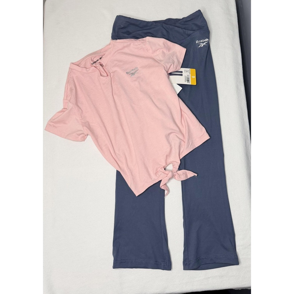 Reebok Active Outfit Set Girls 6 Pink Blue Tie Front Tee Pants Elastic Waist